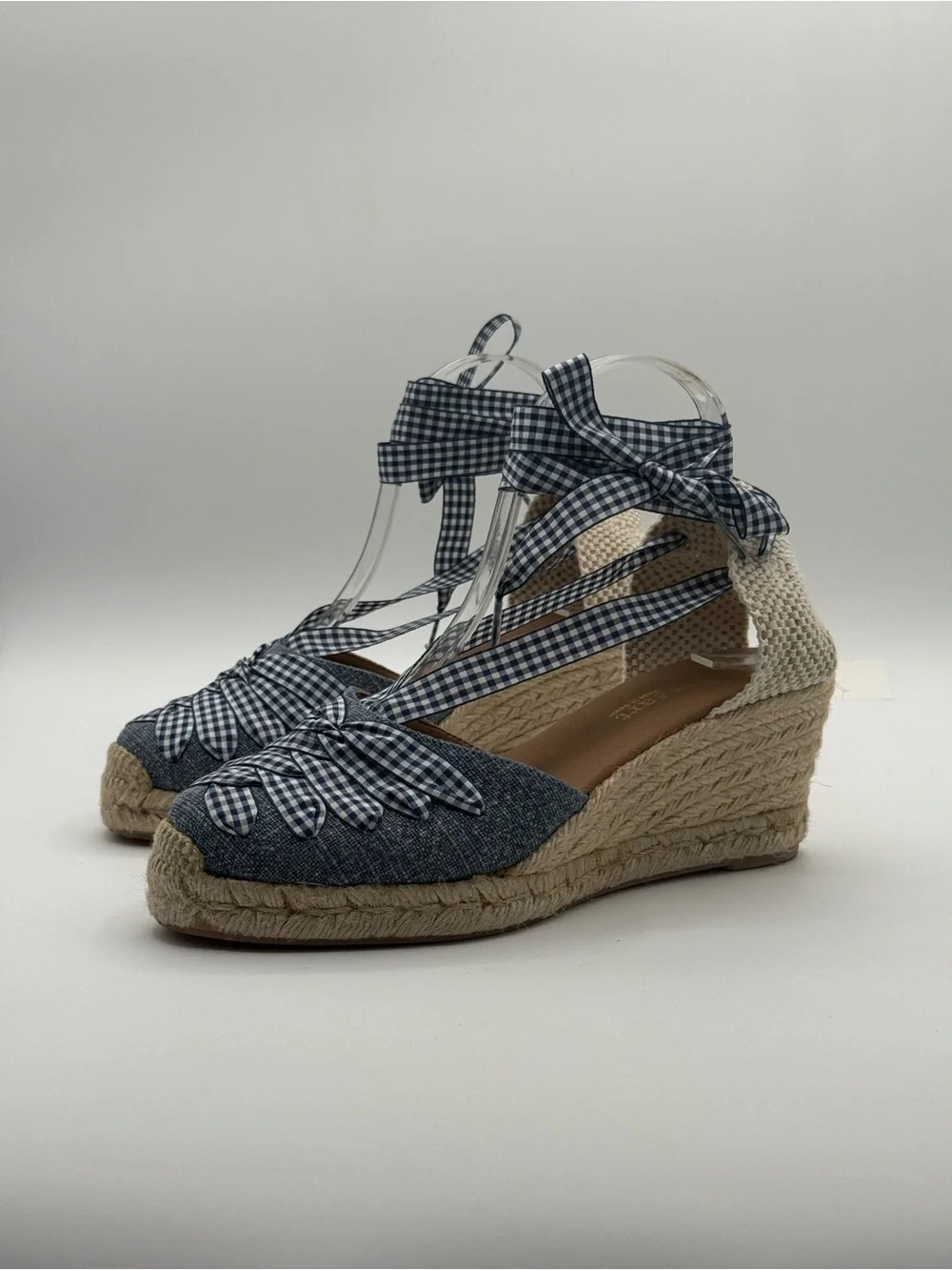 Paseart Denim Espadrille Wedge Sandals Blue Gingham Lace-Up Ankle Tie Platform